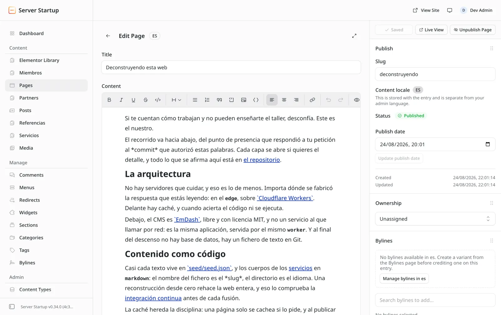 El panel de EmDash editando esta misma página, con el título, el cuerpo y el estado de publicación a la vista.